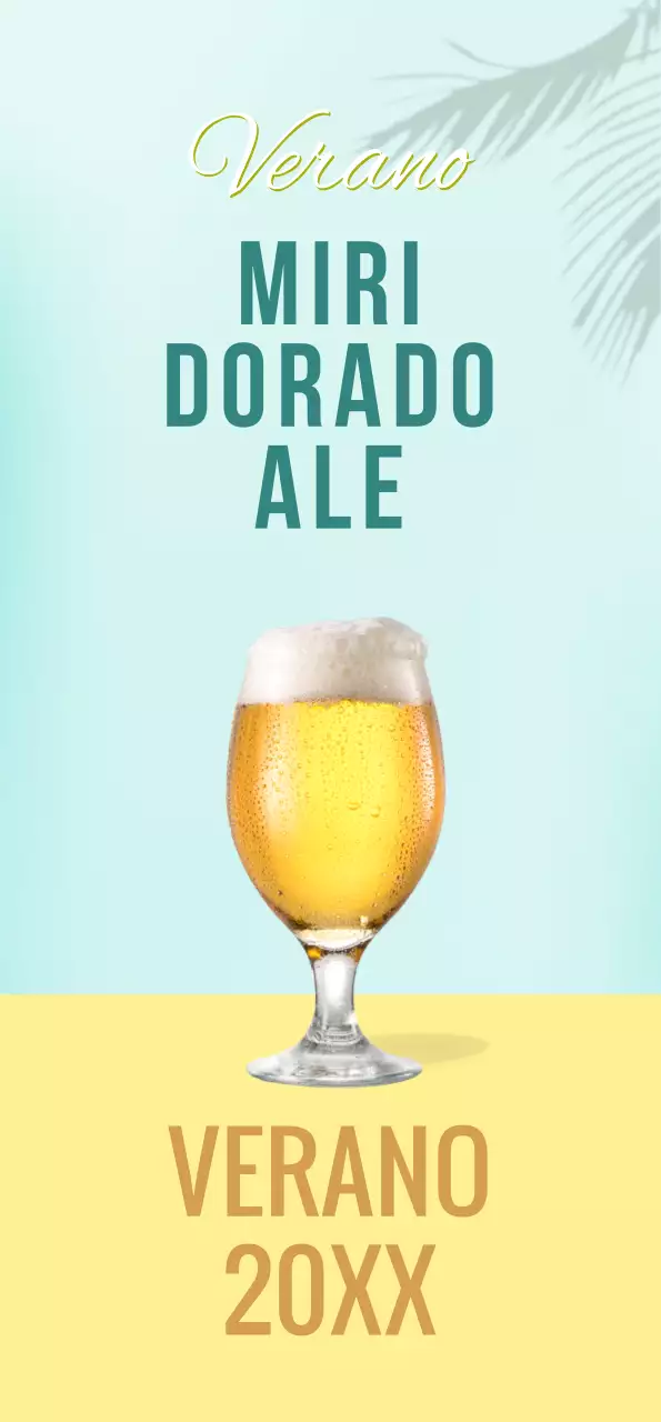 Banner con cerveza amarilla y sombra de palmera sobre fondo menta