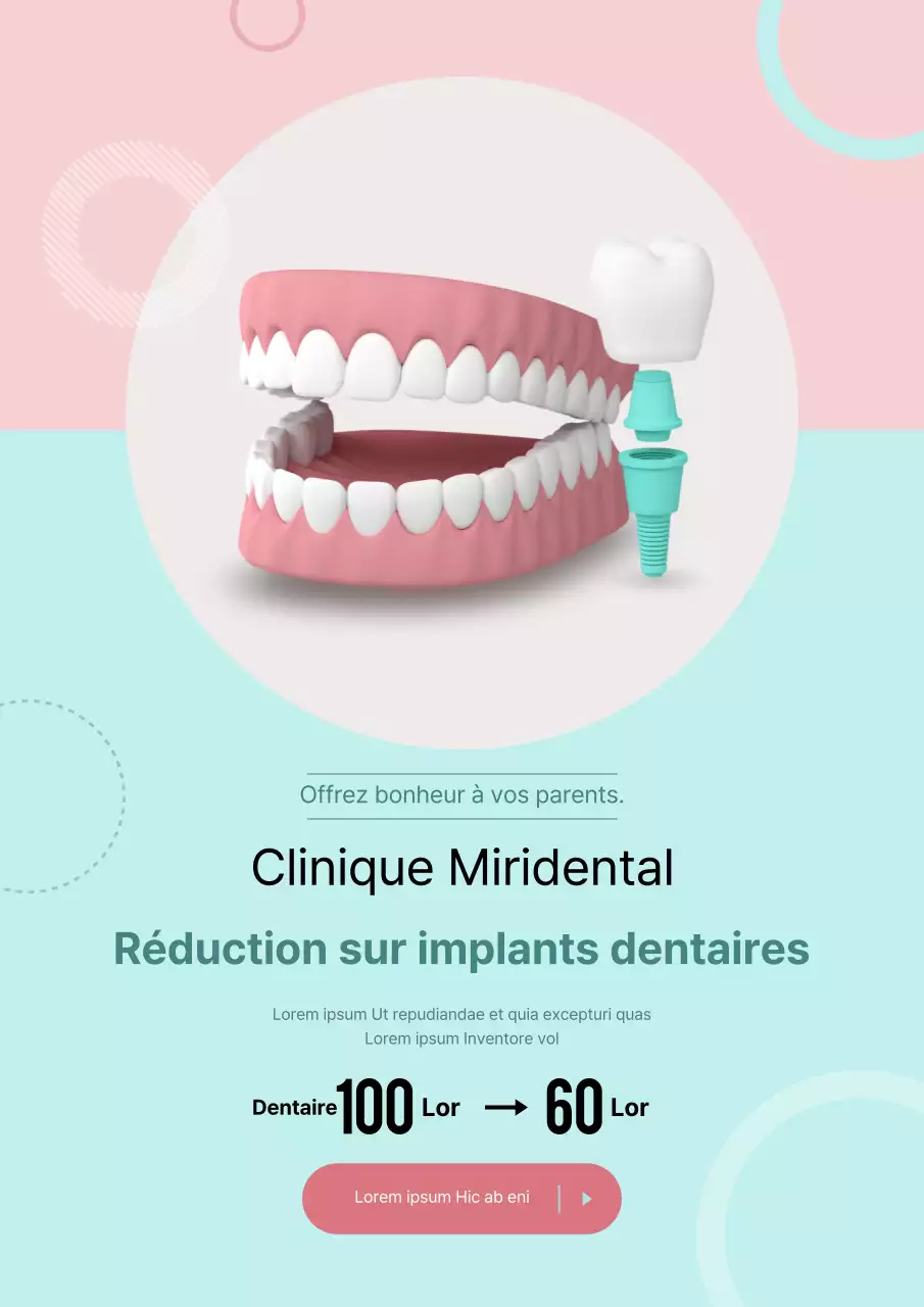 Événement sur les implants dentaires avec des illustrations de dents roses et mentholées