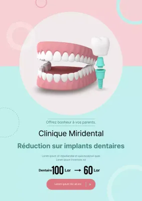 Événement sur les implants dentaires avec des illustrations de dents roses et mentholées