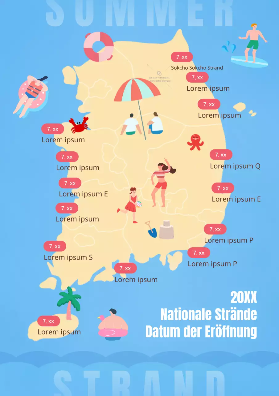 Nationaler Tag der offenen Tür am Strand mit einer Landkarte von Korea auf blauem Meereshintergrund