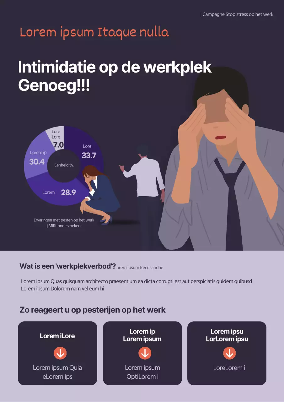 Illustratie van een donkerpaarse werkplekcampagne tegen pesten op het werk.