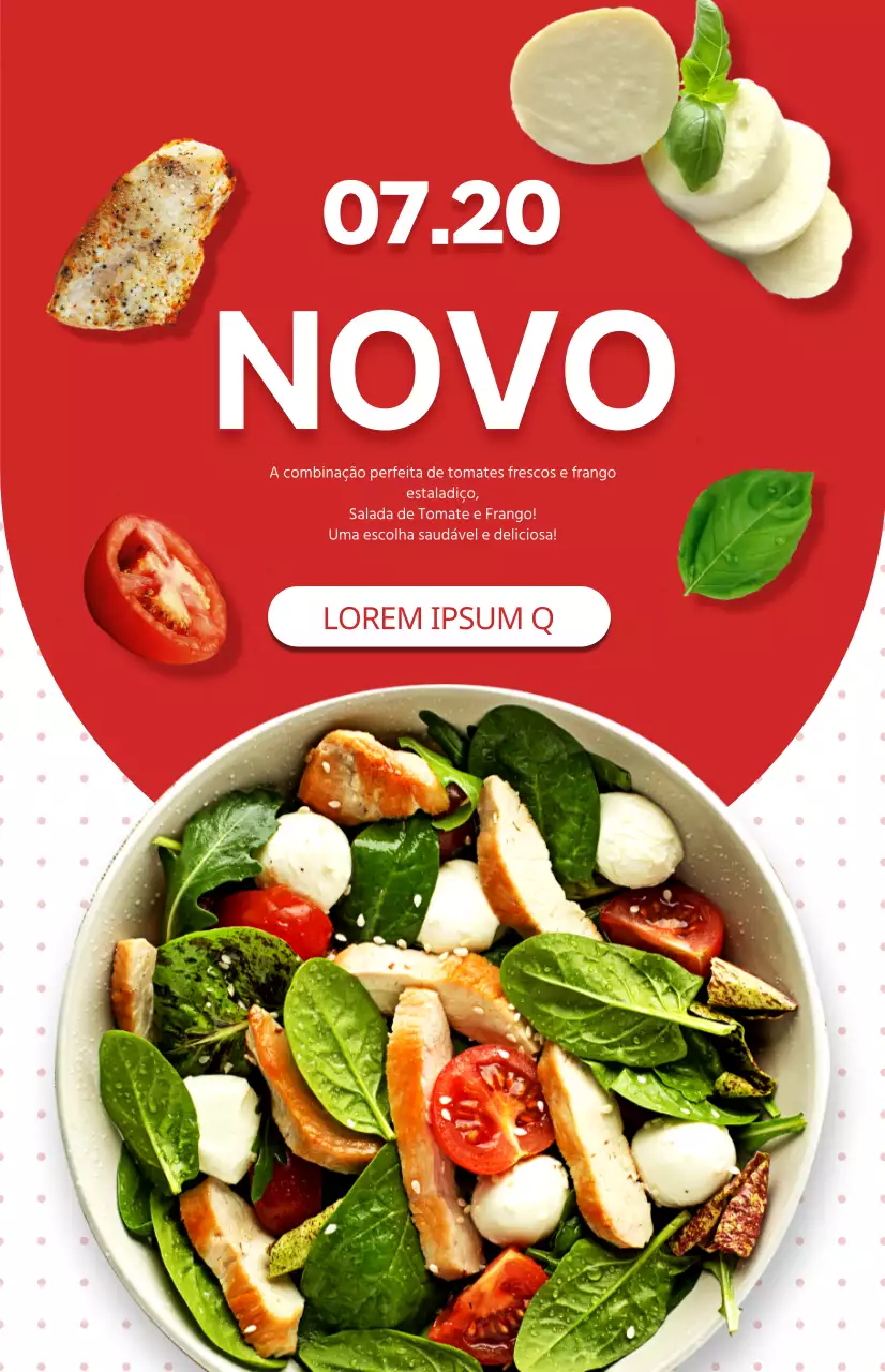 Promover um novo menu de saladas com um fundo com padrão de pontos vermelhos e brancos
