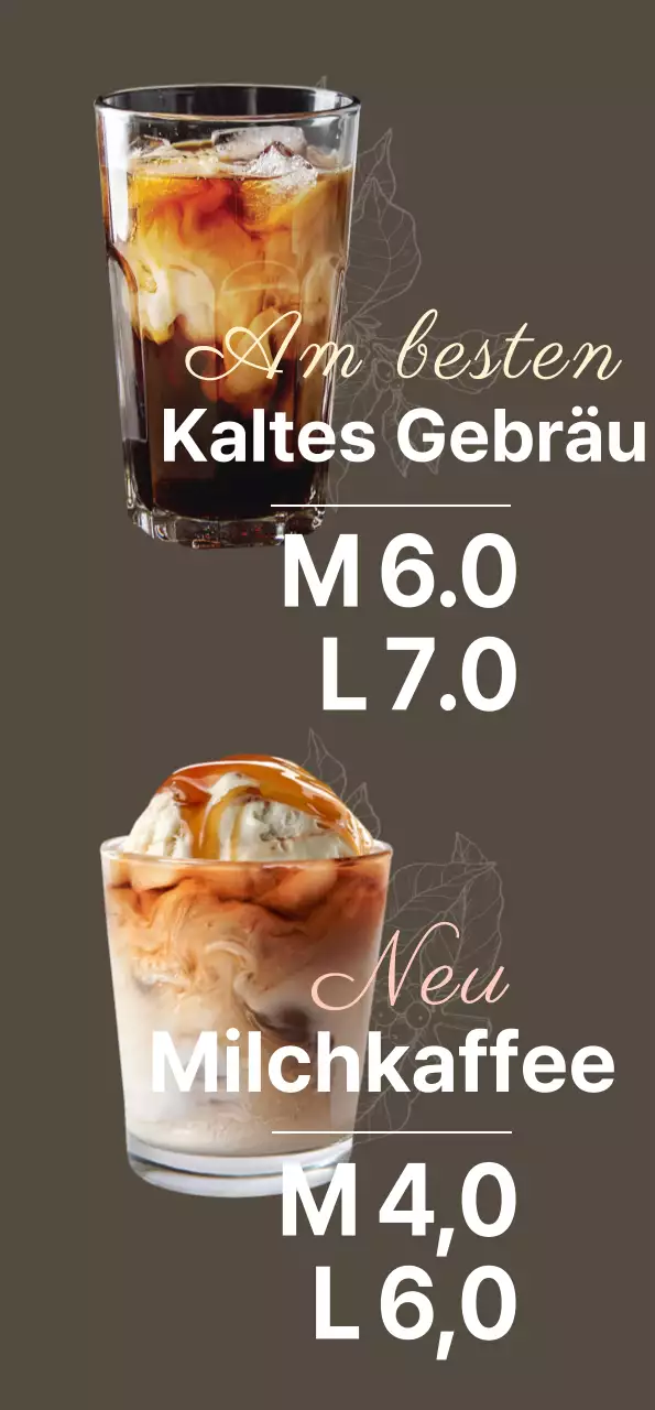 Monotones Café-Banner mit Karamell-Latte und Cold Brew in einem stimmungsvollen Design auf dunklem Hintergrund