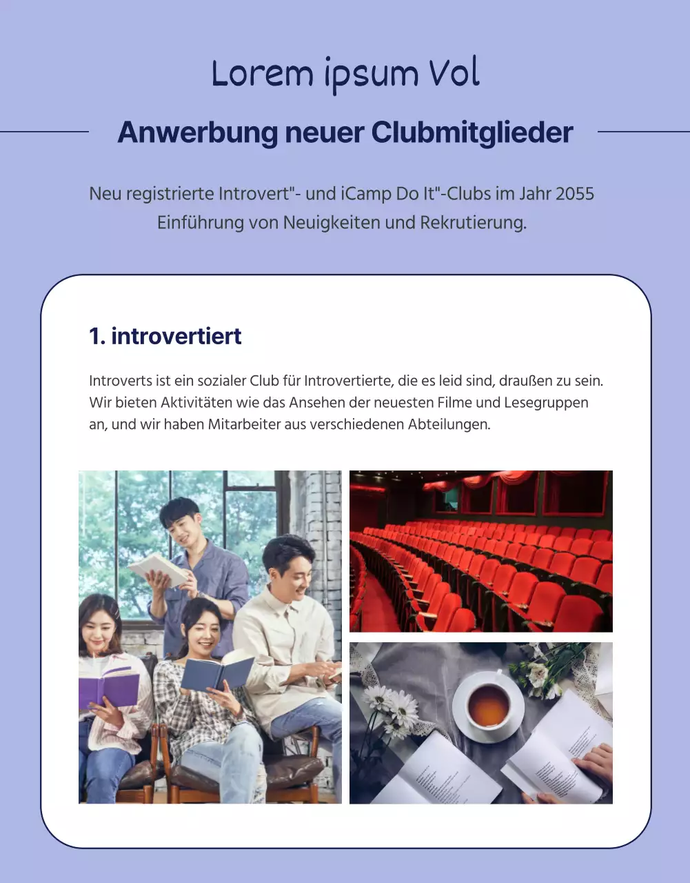 Illustration eines violetten und gelben Co-Working-Clubs