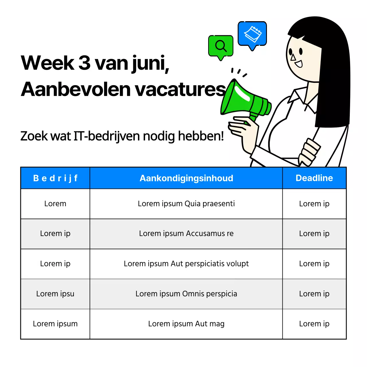 Vacatures bij IT-bedrijven met leuke en eenvoudige zakelijke illustraties in lichtblauw en chartreuse.