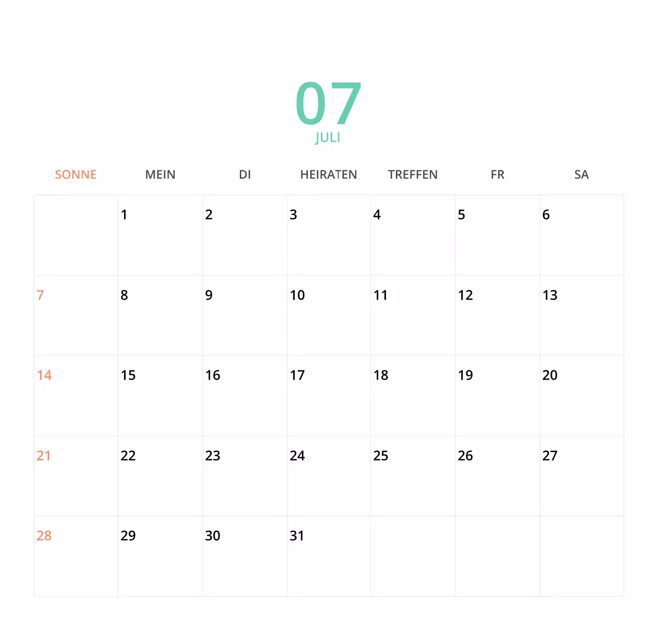 Niedlich illustrierter grüner Tischkalender mit Familienthemen
