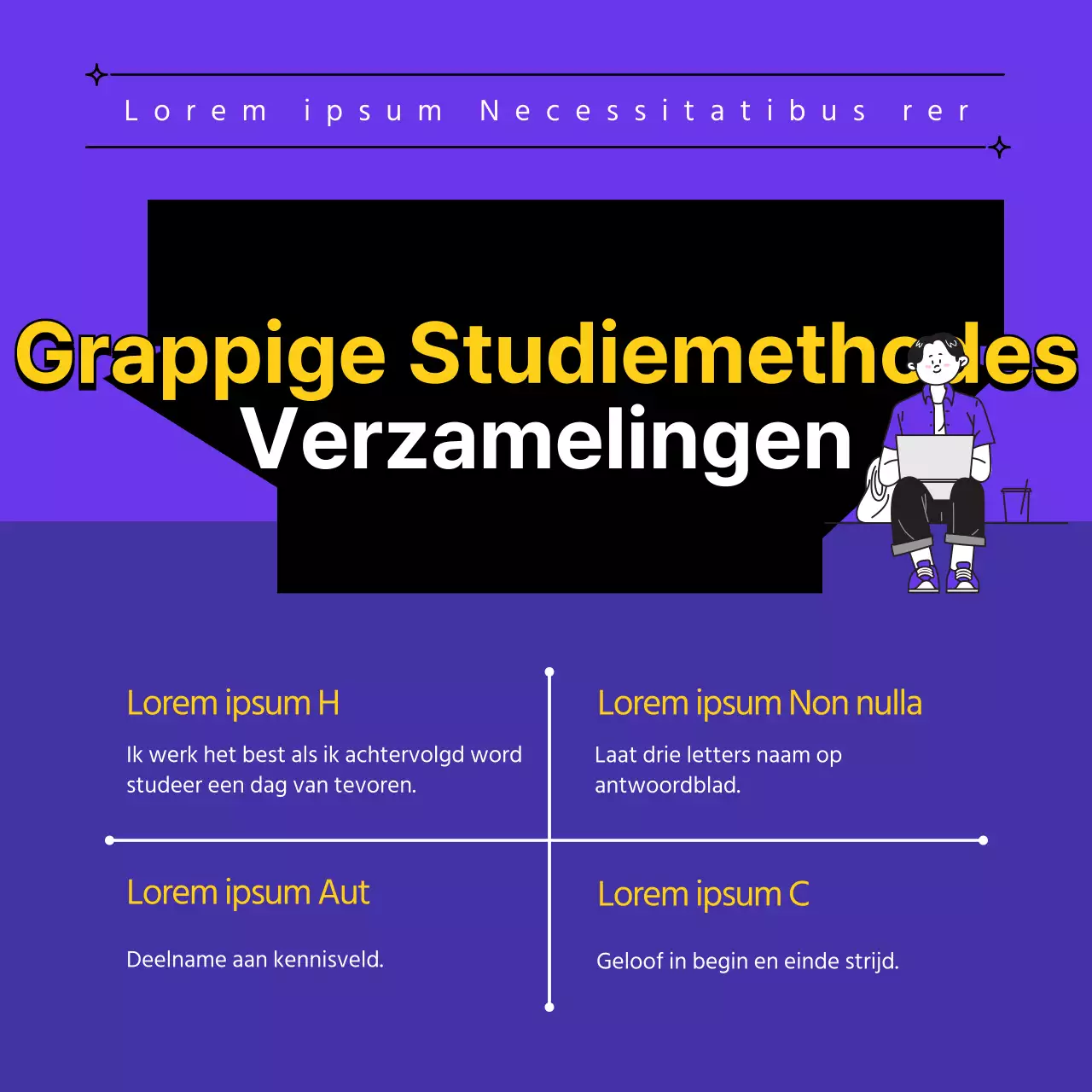 Een verzameling grappige studietips van paarse en gele studenten