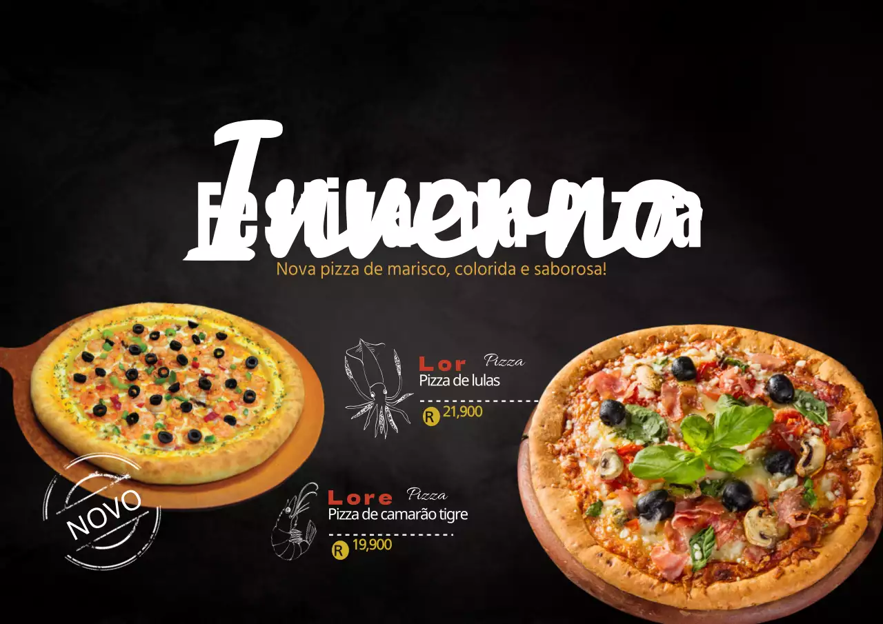 Novo menu de pizzas de marisco