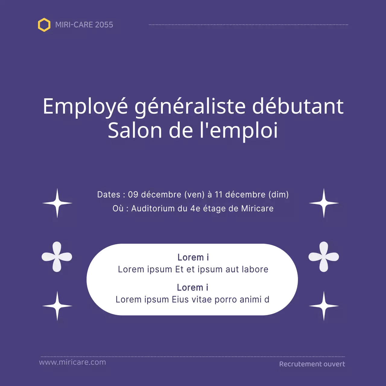 Une annonce de recrutement simple, en violet et blanc, pour les nouveaux embauchés
