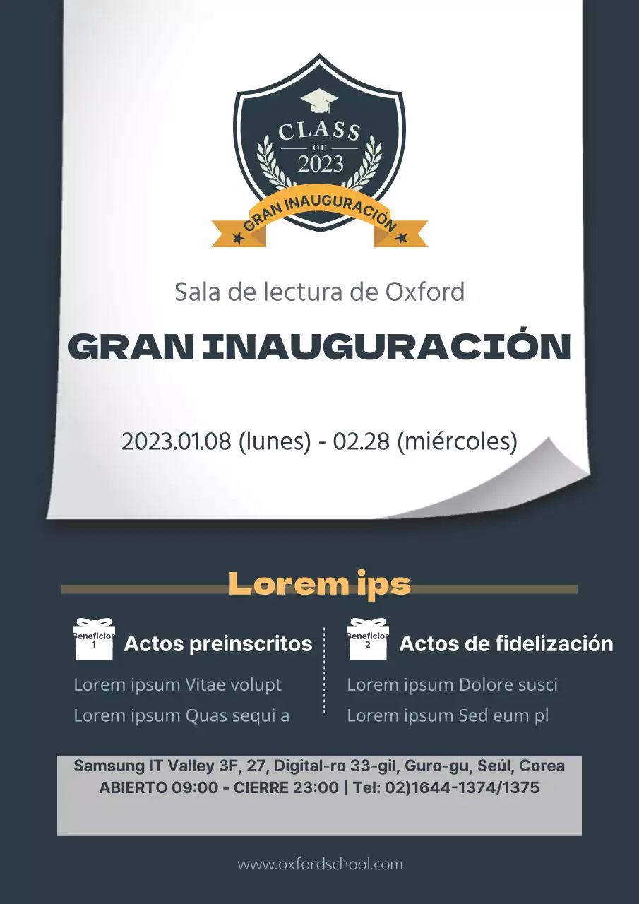 Promocione un acto de inauguración de una sala de lectura con un elegante emblema azul marino