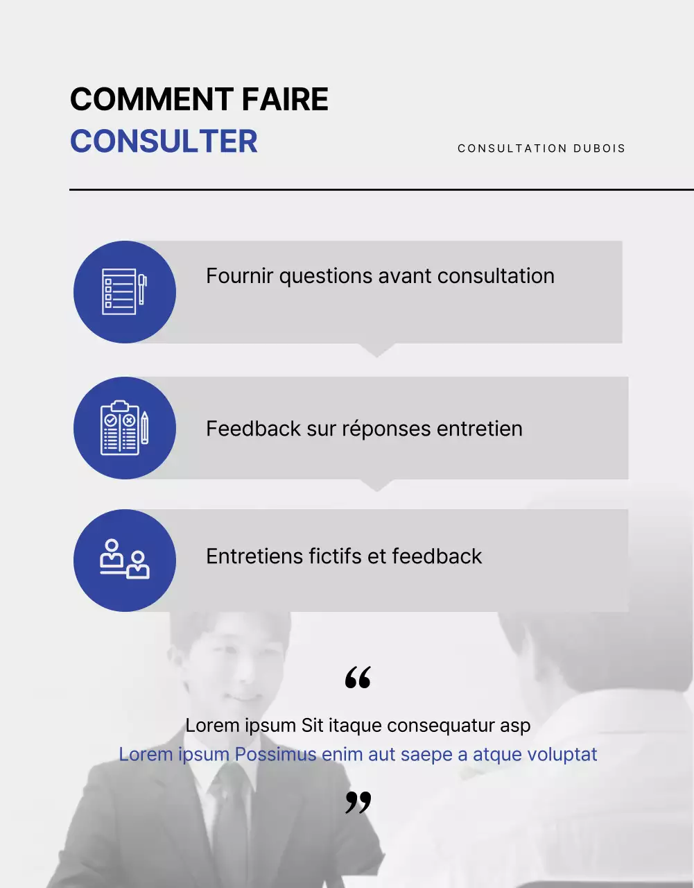 Blue and Monotone Job Interview Consultancy page détaillée