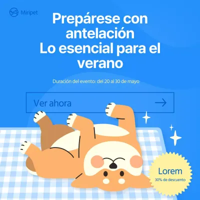 azul ilustración petfair perrito verano suministros social media cuadrado