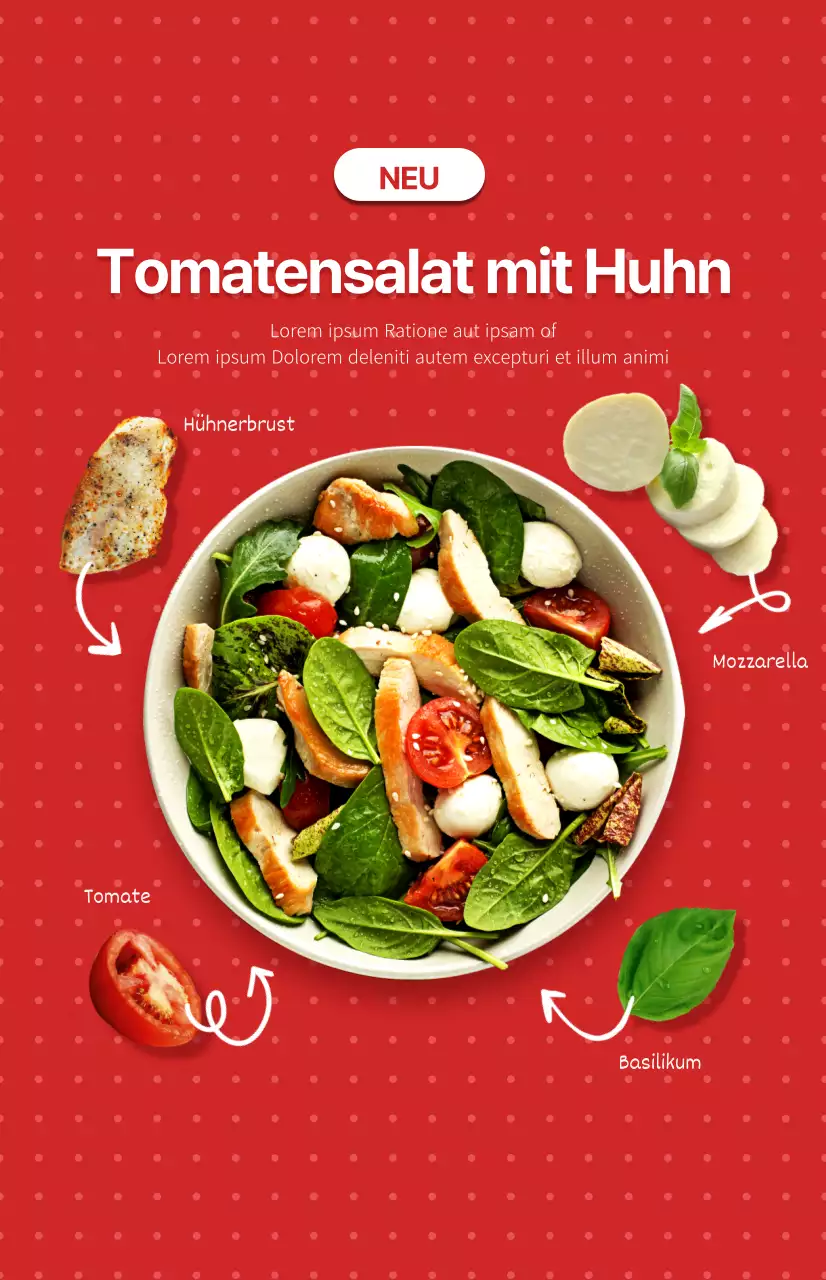Werbung für ein neues Salatmenü mit einem rot-weißen Punktmuster als Hintergrund