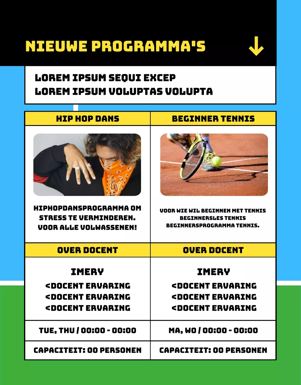 Het blauwgroene registratiebericht voor het sportcentrum