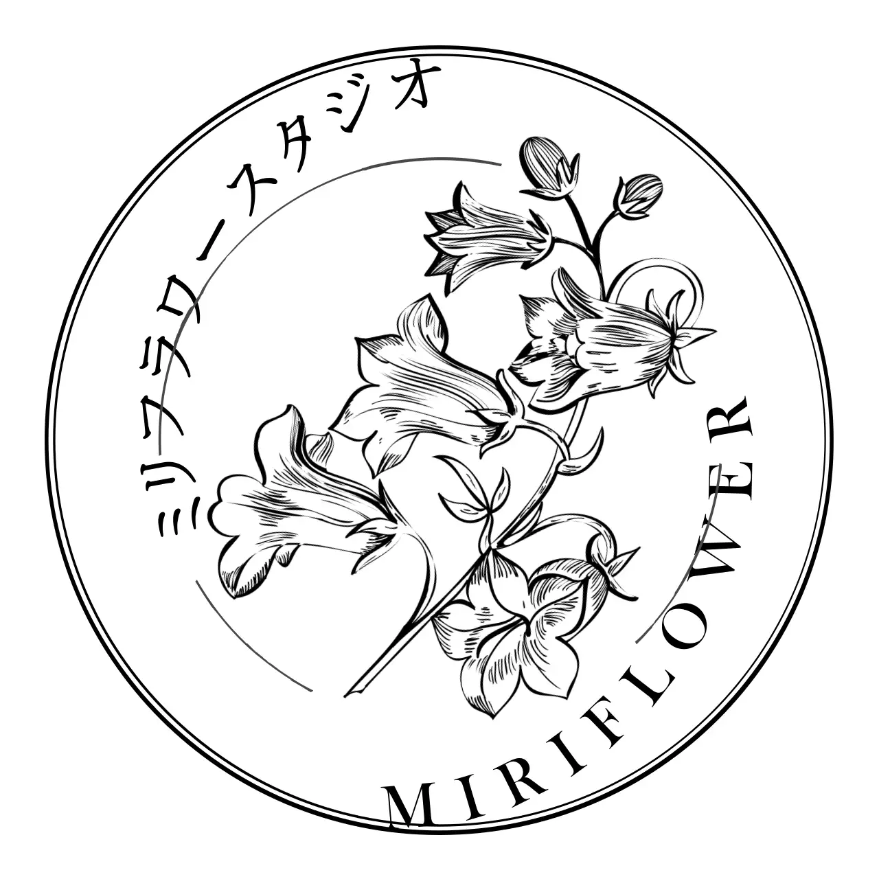 黒と白の感性的な花のイラスト風スタジオロゴの看板です。
