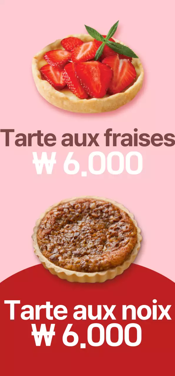 Bannière présentant un menu de tartes sucrées sur fond rose.
