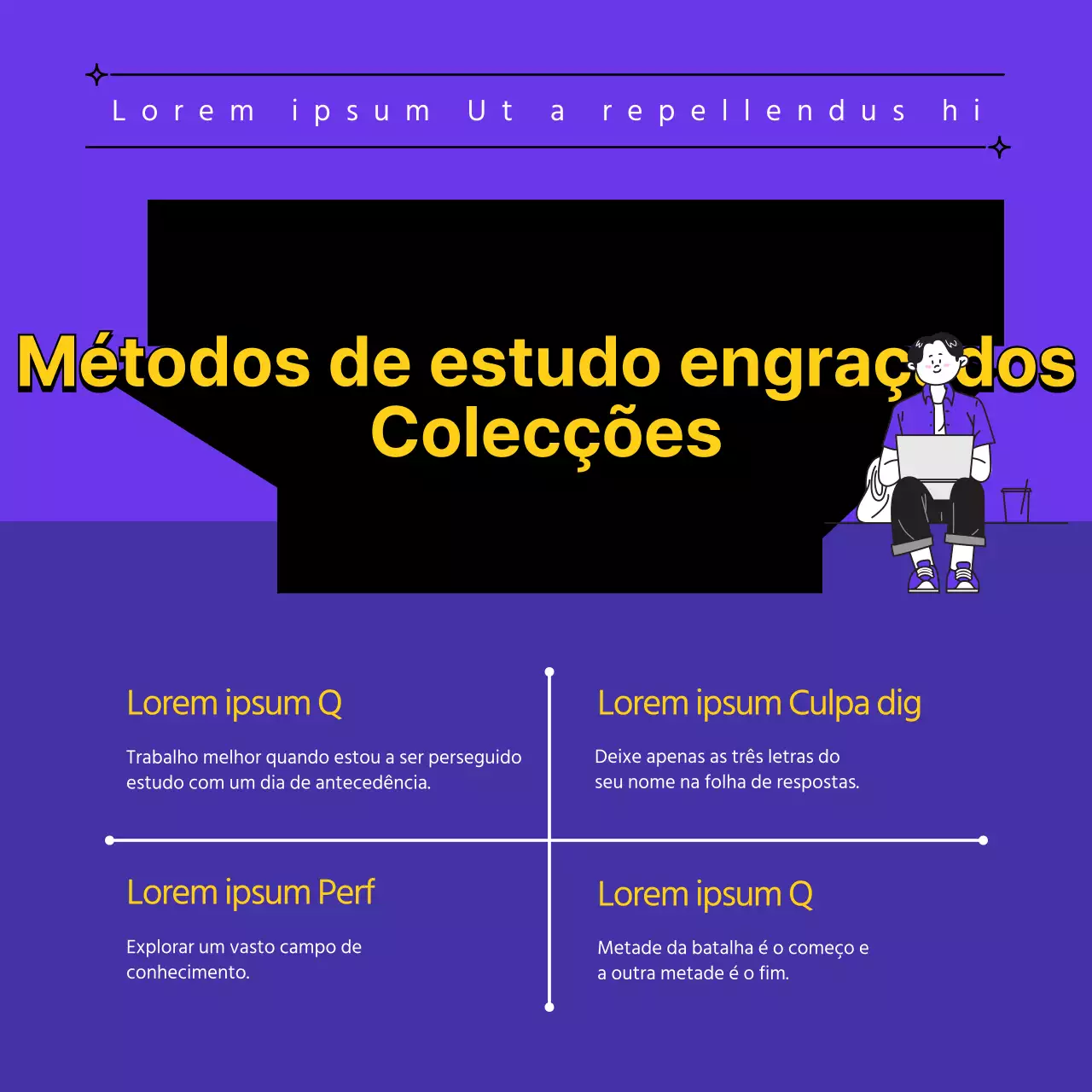 Uma coleção de dicas de estudo engraçadas de estudantes universitários roxos e amarelos