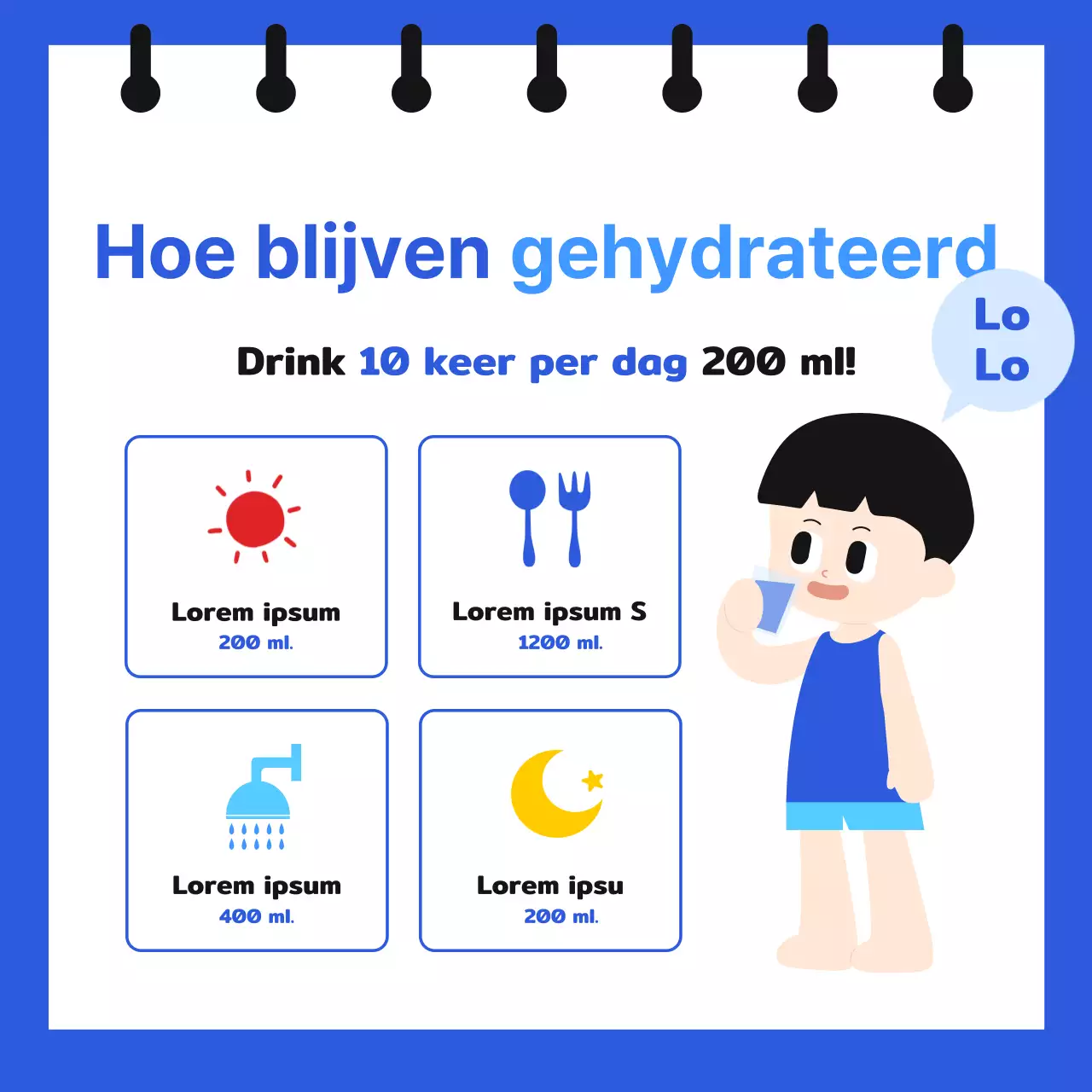 Informatie over chronische uitdroging in een notitieboekje-achtig formaat met schattige, eenvoudige illustraties in blauw en lichtblauw.