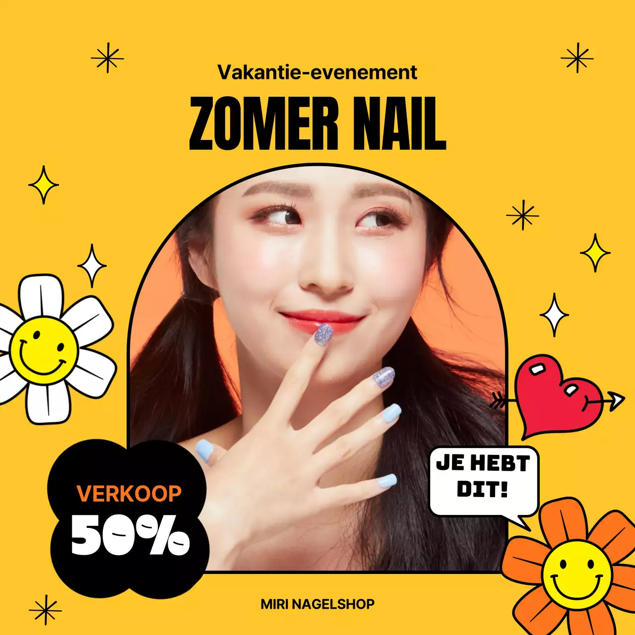 Nagelverkoop in de vorm van een frame met een kitscherige illustratie op een gele achtergrond