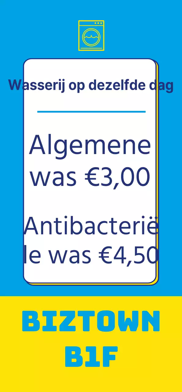 Wasserettebanner met waspictogram in gele puntkleur op blauwe achtergrond