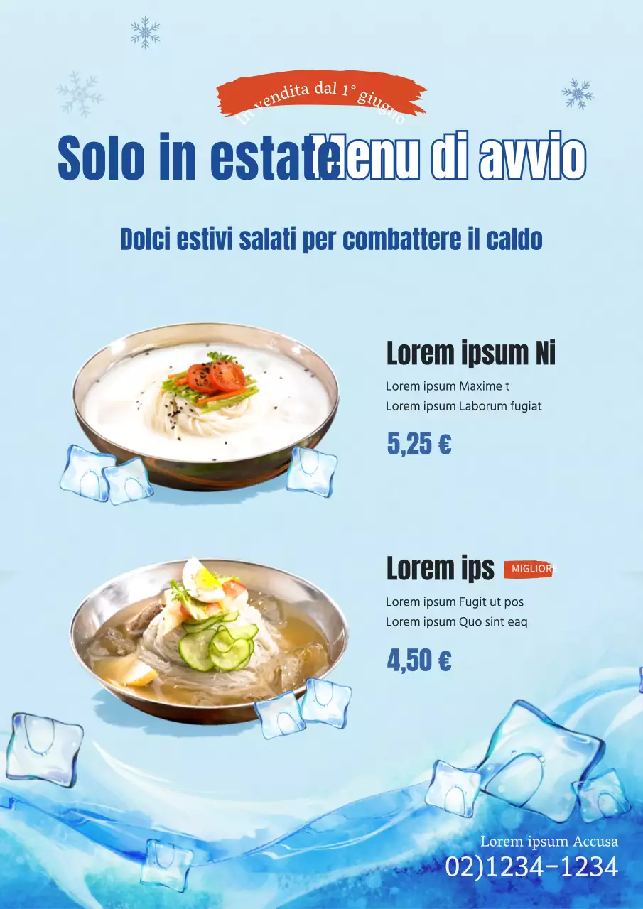 Promuovete il menu estivo del vostro ristorante con uno sfondo blu freddo e ghiacciato