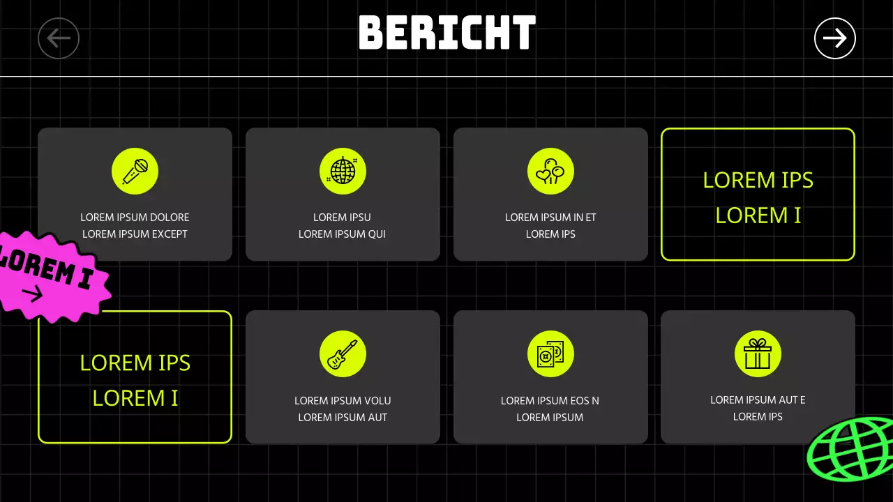 Kitscherig geïllustreerde stickers en vette lettertypes in zwart en neonkleuren geven een ritmisch gevoel aan de gigs en verhuurgidsen.