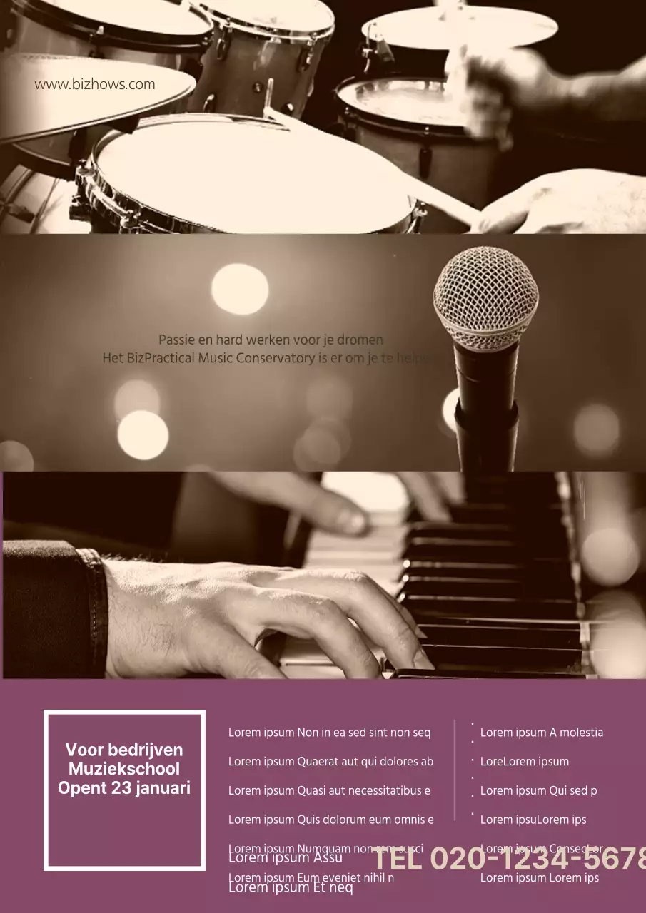Promoot een praktische muziekschool met een emotionele foto van een muziekuitvoering in paars.