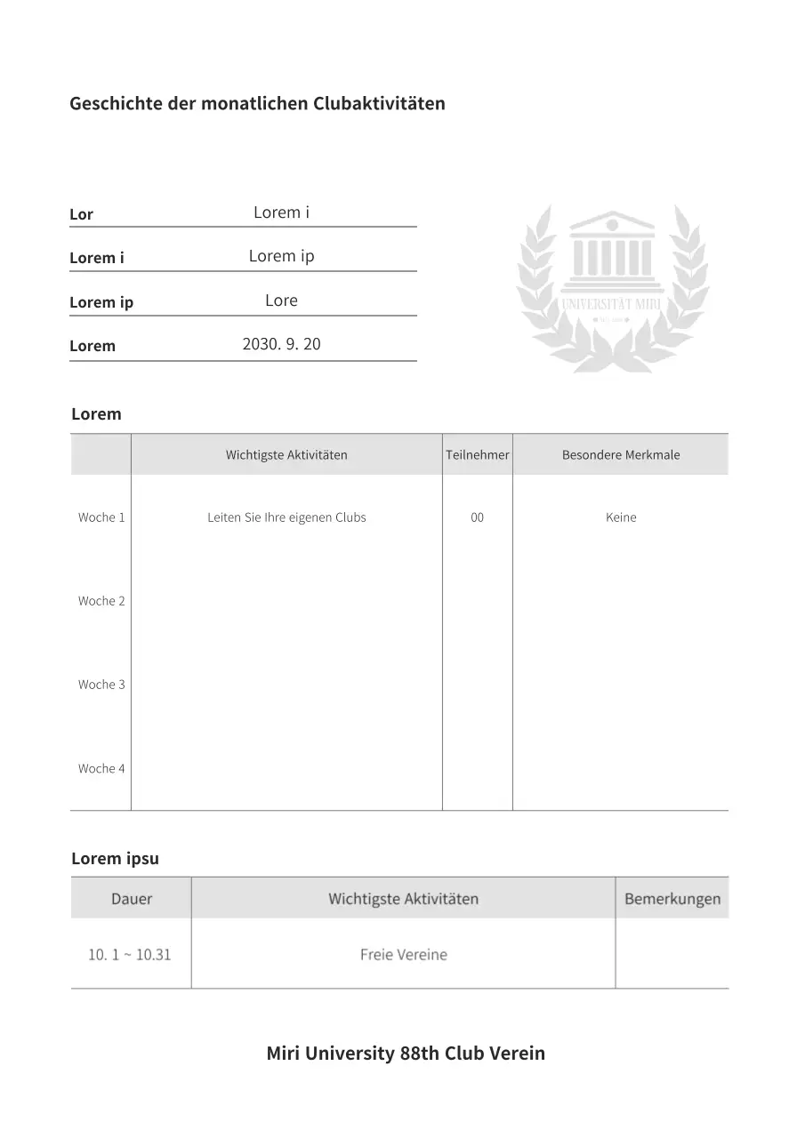 Monatliche Clubaktivitäten in Schwarz-Weiß Sitzungsunterlagen