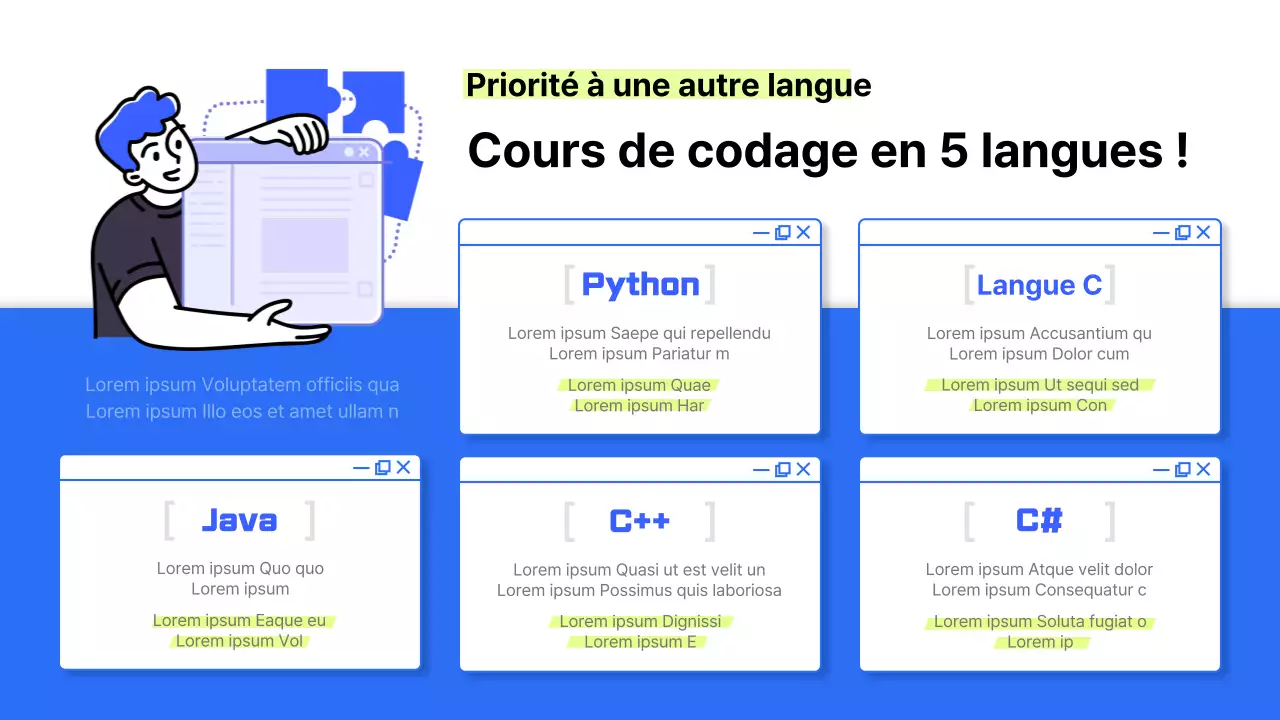 Cinq langages de codage qui communiquent en tons bleus