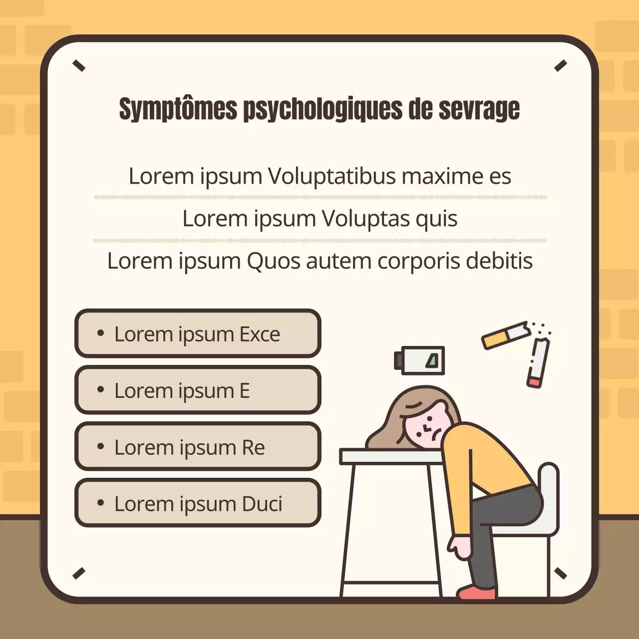 Illustration jaune et marron des symptômes du sevrage tabagique