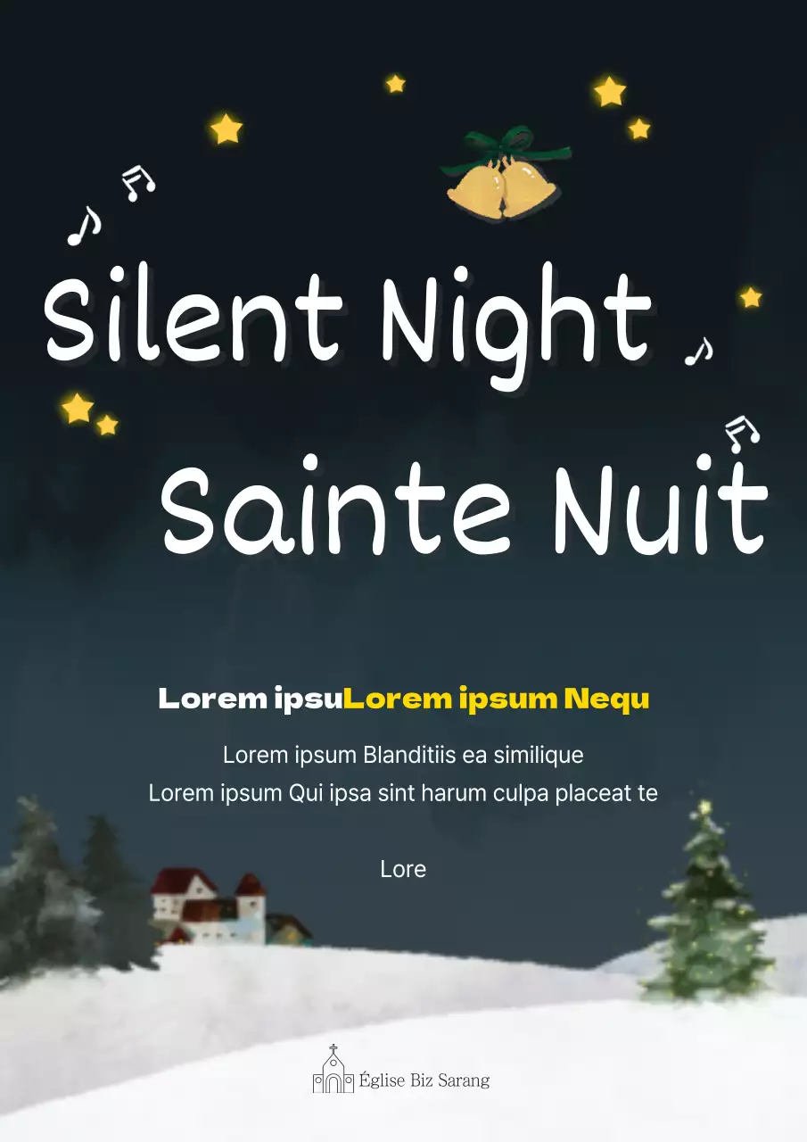 Promouvoir l'événement de Noël d'une église avec une illustration d'une scène de nuit enneigée bleu marine.