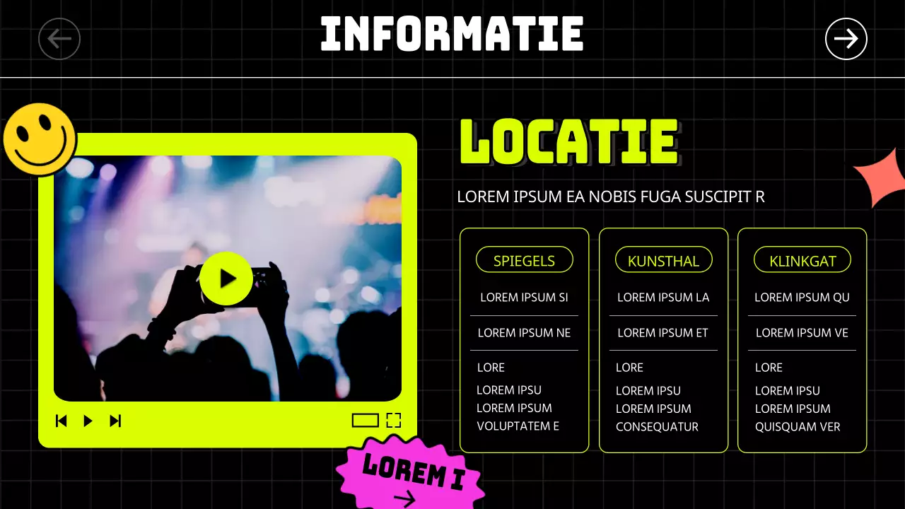 Kitscherig geïllustreerde stickers en vette lettertypes in zwart en neonkleuren geven een ritmisch gevoel aan de gigs en verhuurgidsen.