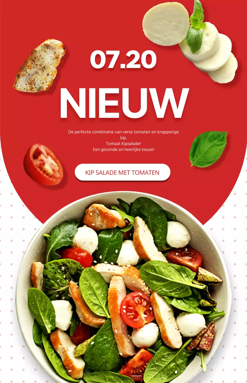 Promoot een nieuw salademenu met een achtergrond van rode en witte stippenpatronen