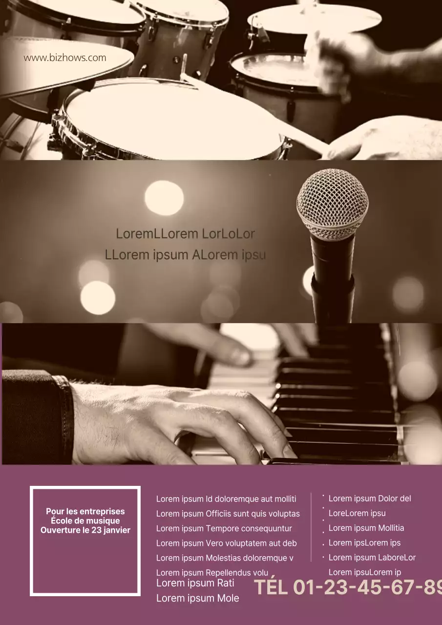 Faites la promotion d'une école de musique pratique avec une photo émotionnelle d'un spectacle musical en violet.