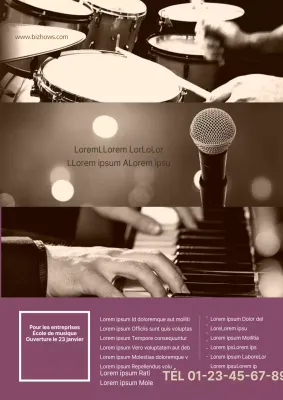 Faites la promotion d'une école de musique pratique avec une photo émotionnelle d'un spectacle musical en violet.