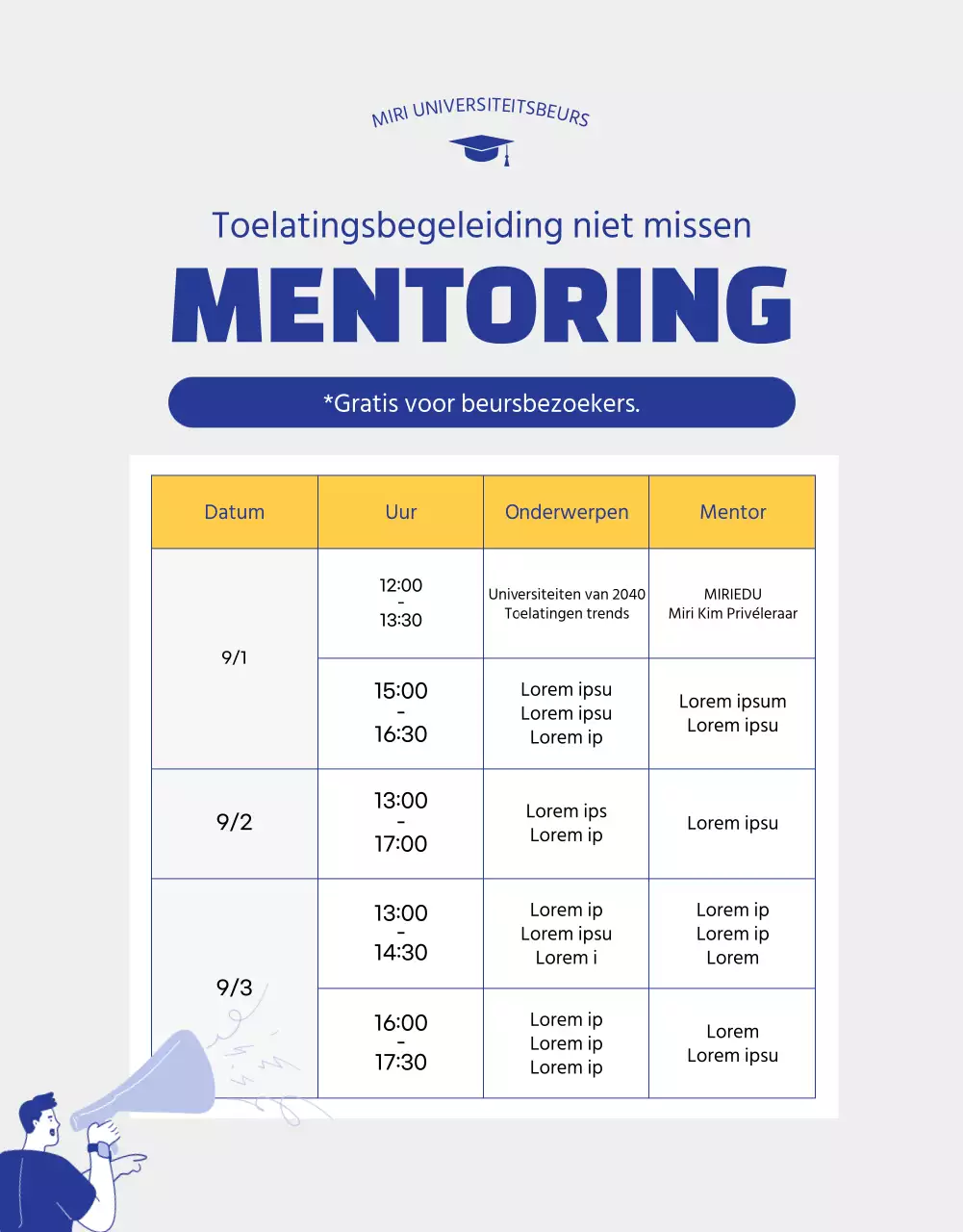 Blauwe en gele illustratie van een toelatingsbeurs voor universiteiten
