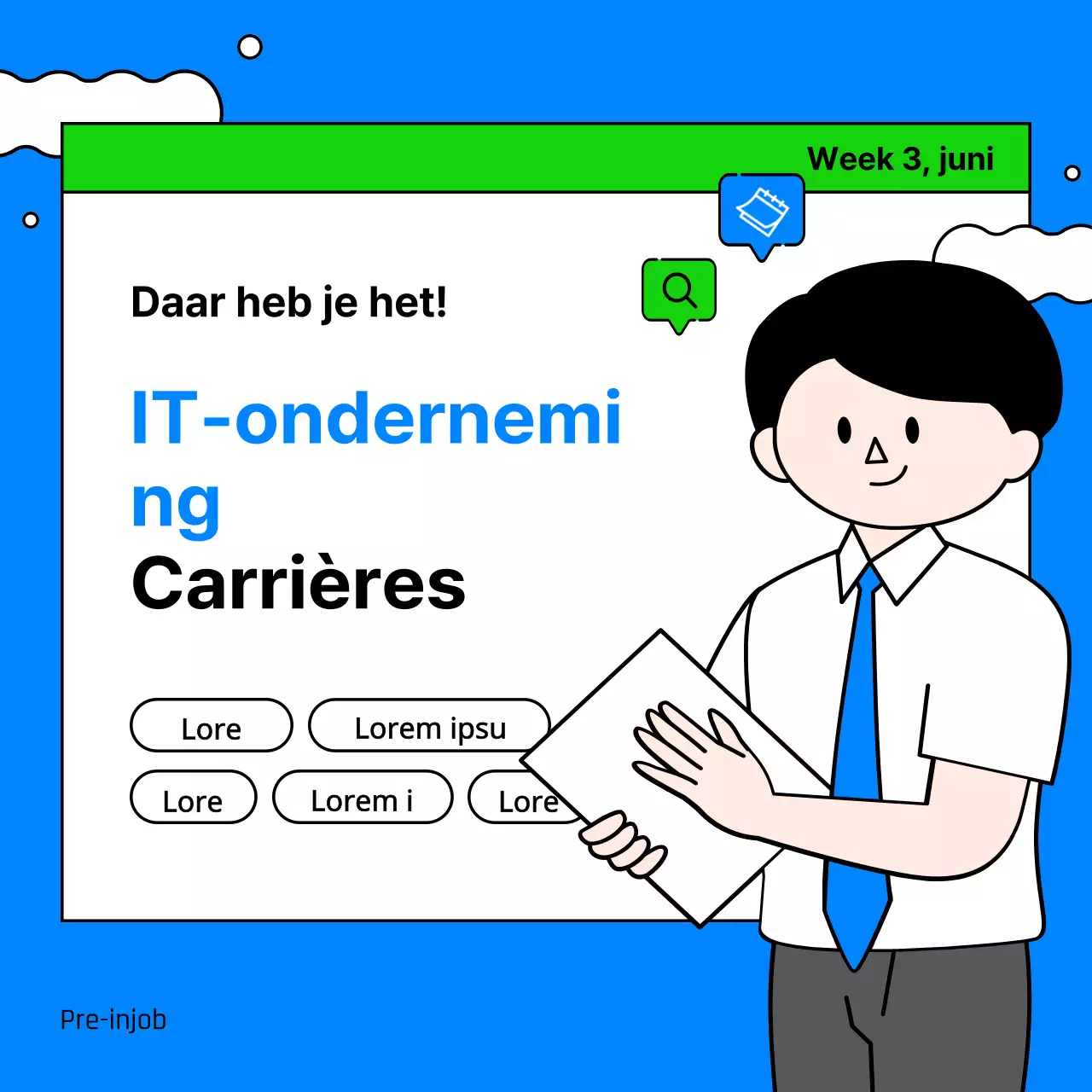 Vacatures bij IT-bedrijven met leuke en eenvoudige zakelijke illustraties in lichtblauw en chartreuse.