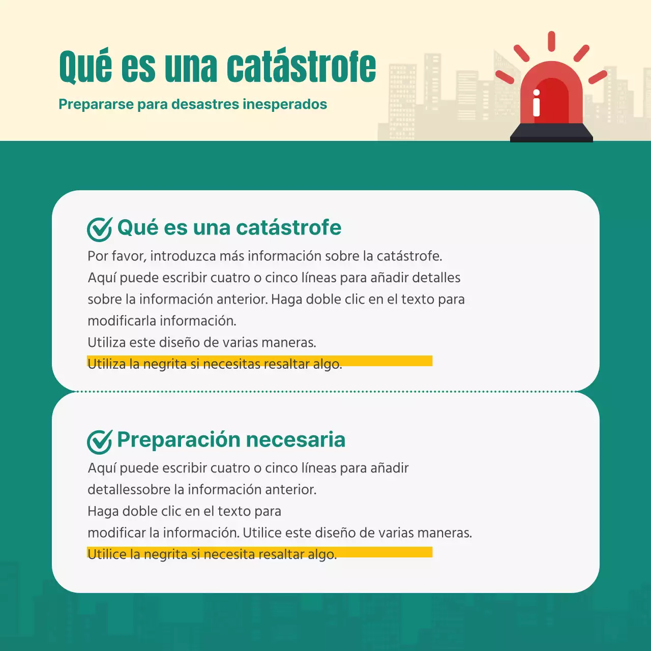 Turquesa guía de preparación para catástrofes diseño de cardnews