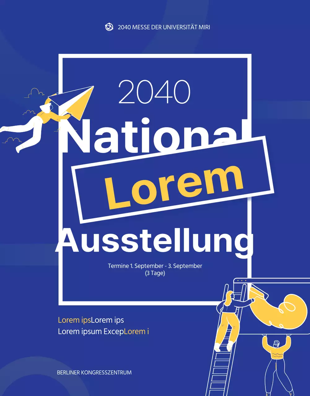 Blaue und gelbe Illustration einer Messe für Hochschulzulassungen