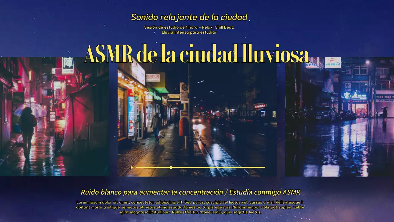 Cyberpunk rainy white noise playlist cover en azul y amarillo