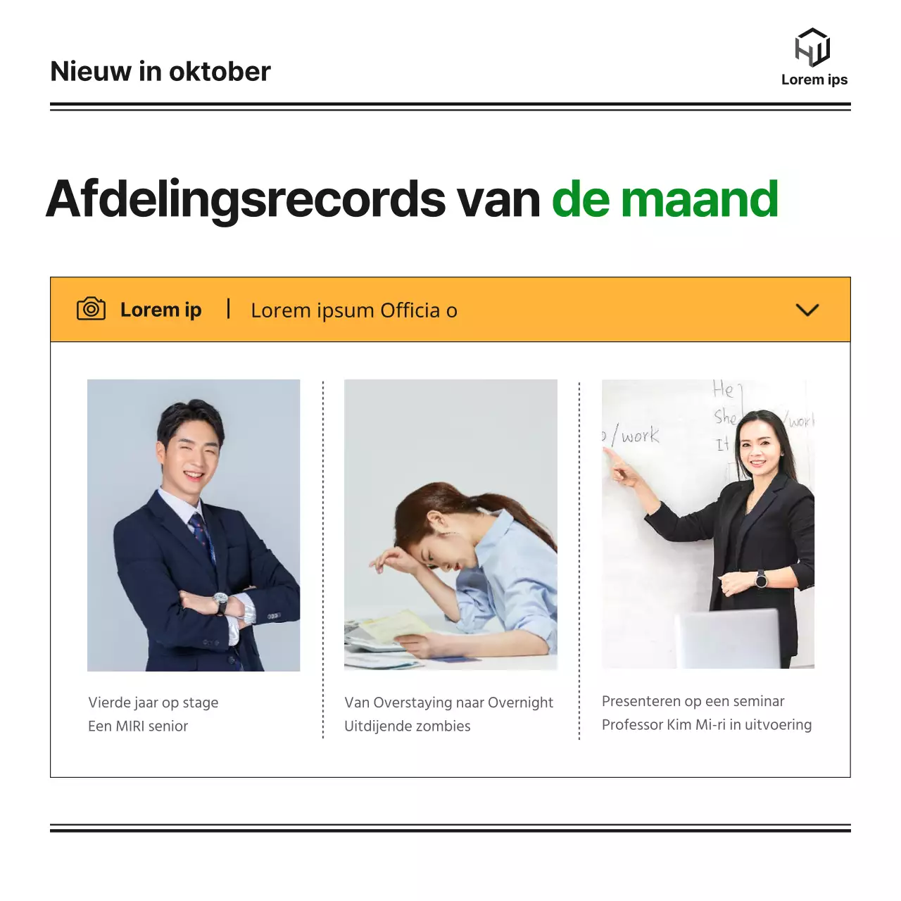 Een maandelijkse nieuwsbrief van een universitaire bachelorafdeling met een leuke, nette en eenvoudige blog in groen en oranje en monotone illustraties van Notion.