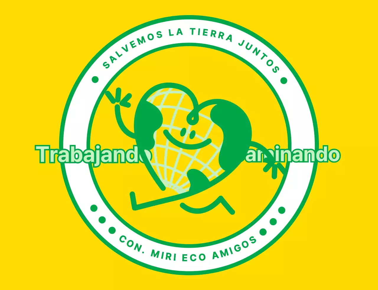 Emblema de logotipo con un simpático personaje de la Tierra en amarillo y verde para una organización de campaña medioambiental mundial.