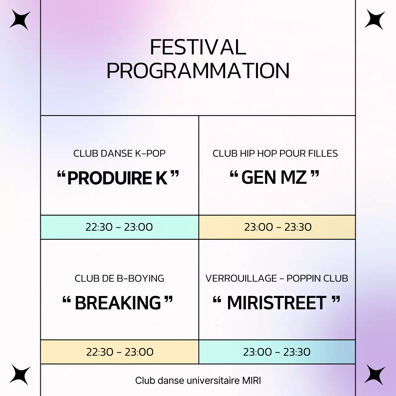 Annonce de l'affiche pour les spectacles des clubs de danse à la menthe et à la pop violette