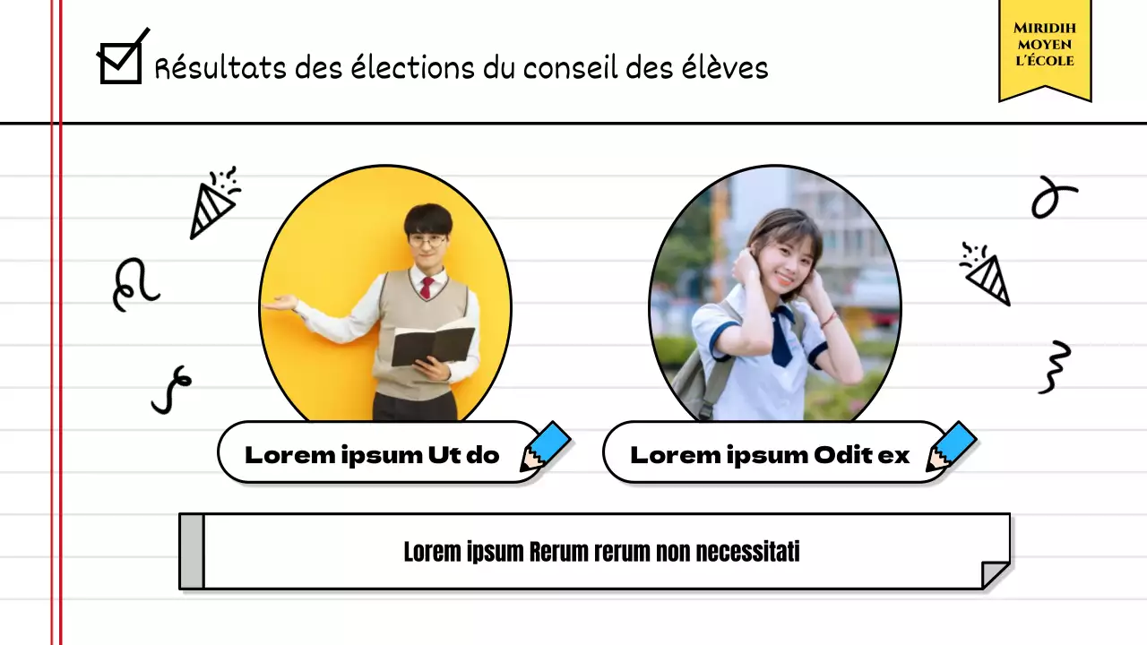 Annoncer les résultats de l'élection du conseil des élèves à l'aide d'un joli cahier d'exercices jaune