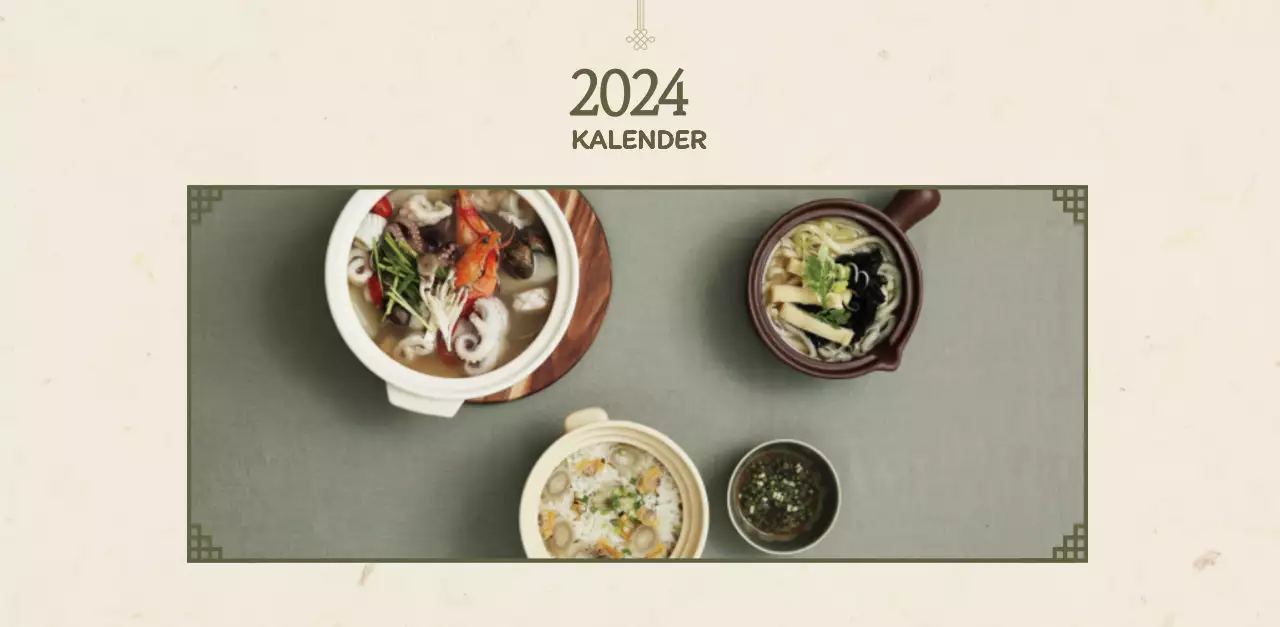 Traditioneller koreanischer Restaurantkonzept-Gutscheinkalender in Beige und Braun