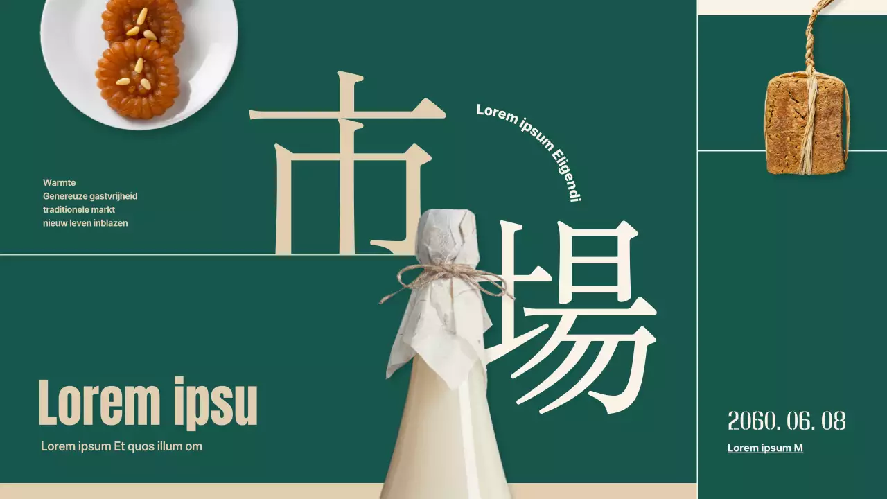 Plan om traditionele markten nieuw leven in te blazen met groene en beige objecten en typografie