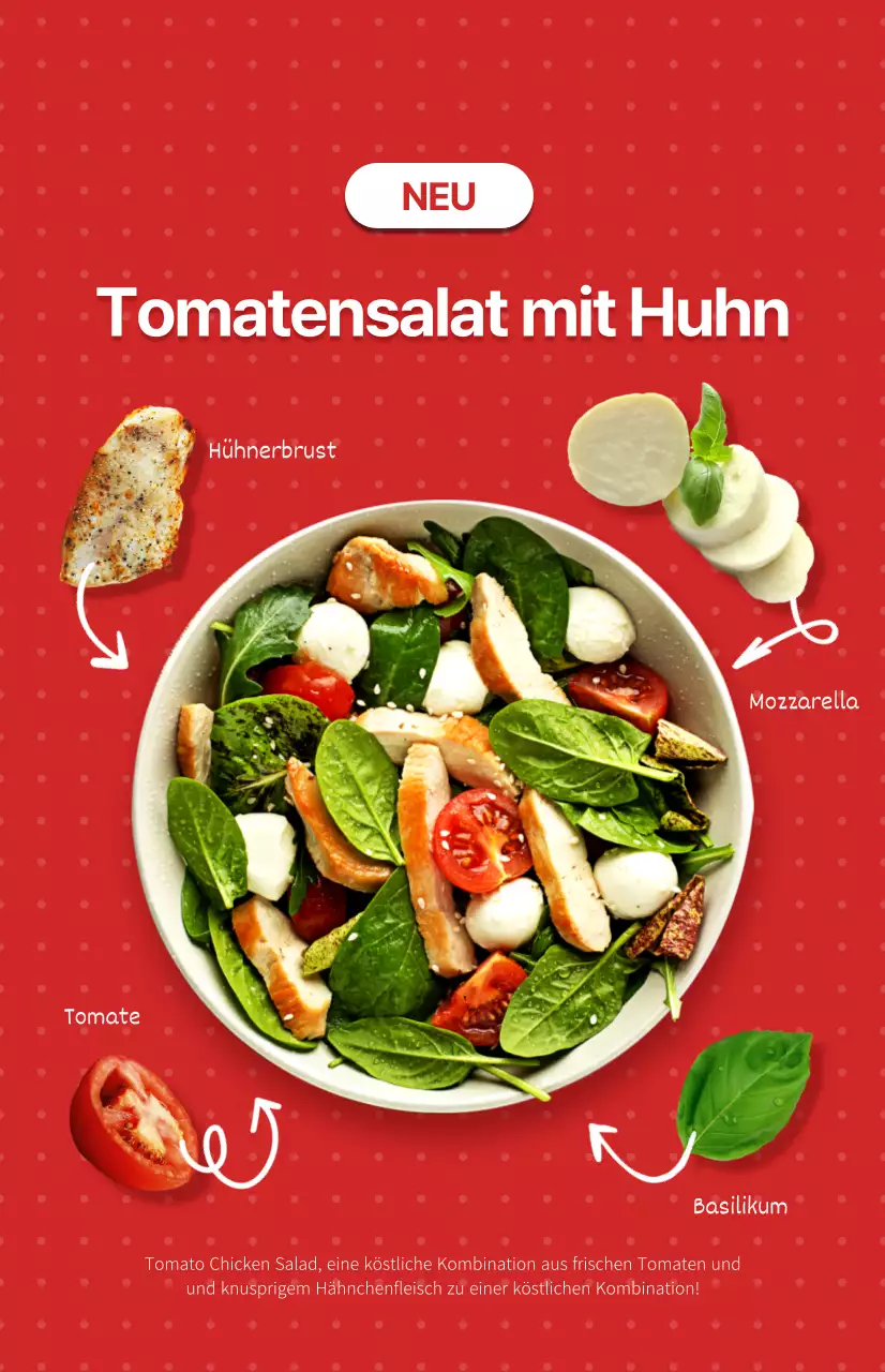 Werbung für ein neues Salatmenü mit einem rot-weißen Punktmuster als Hintergrund