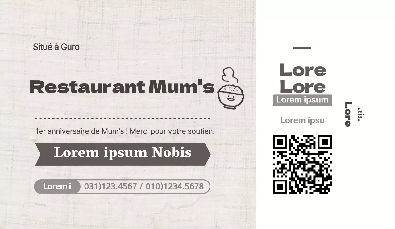 Concept de coupon de réduction simple et épuré, en marron et blanc, pour la promotion et l'information sur les restaurants.
