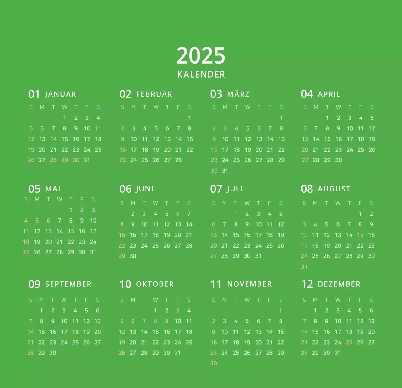 Niedlich illustrierter grüner Tischkalender mit Familienthemen