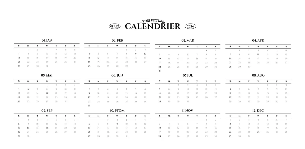 Calendrier mural de style simple avec concept de photographie de voyage émotionnelle en noir et blanc